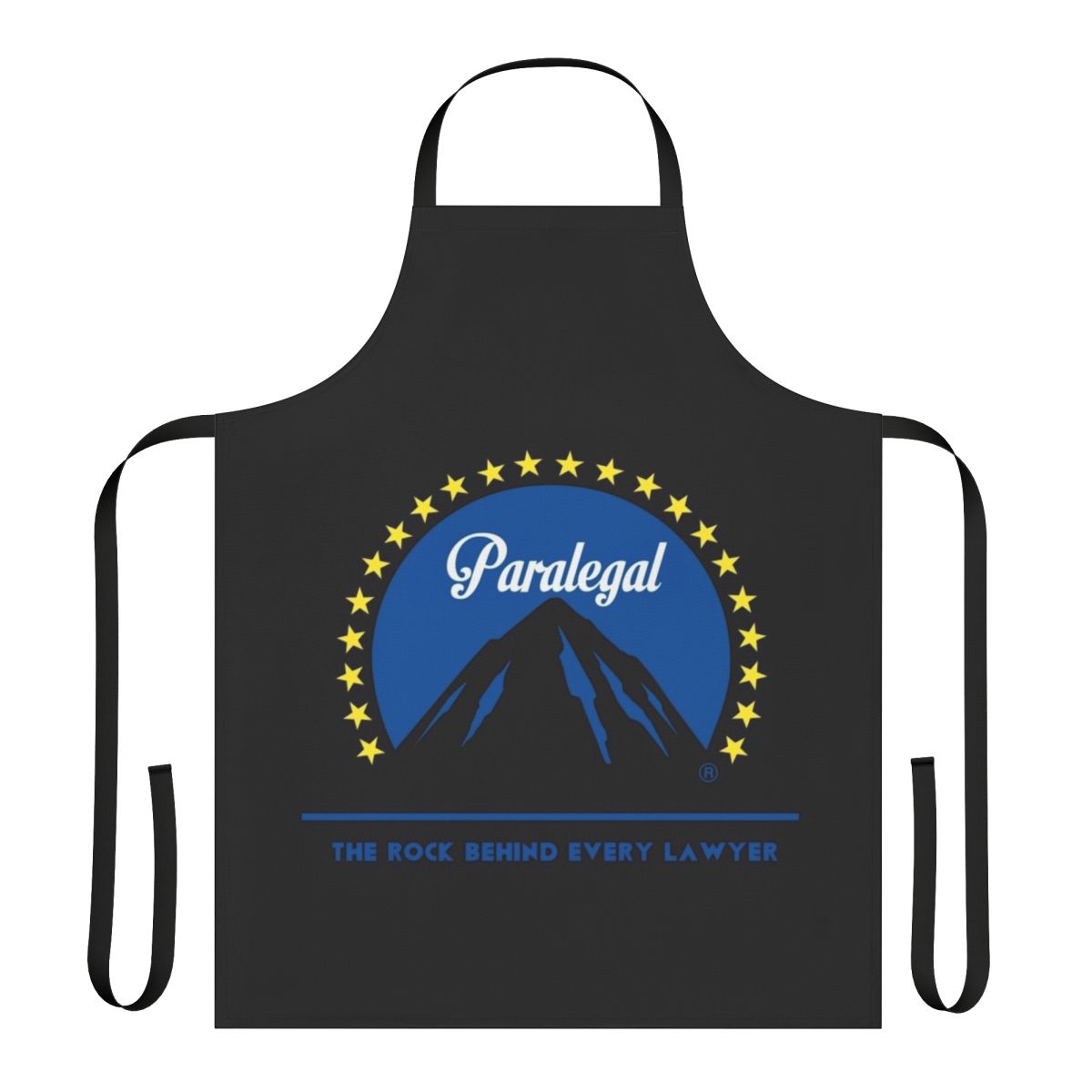 Paralegal wearing a professional-looking apron with legal-themed design