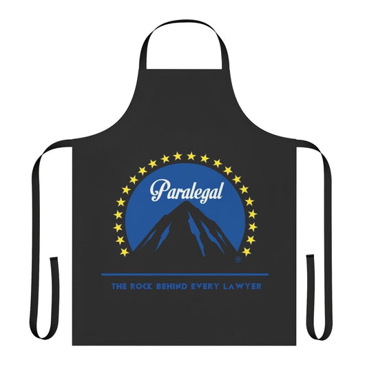 Paralegal wearing a professional-looking apron with legal-themed design