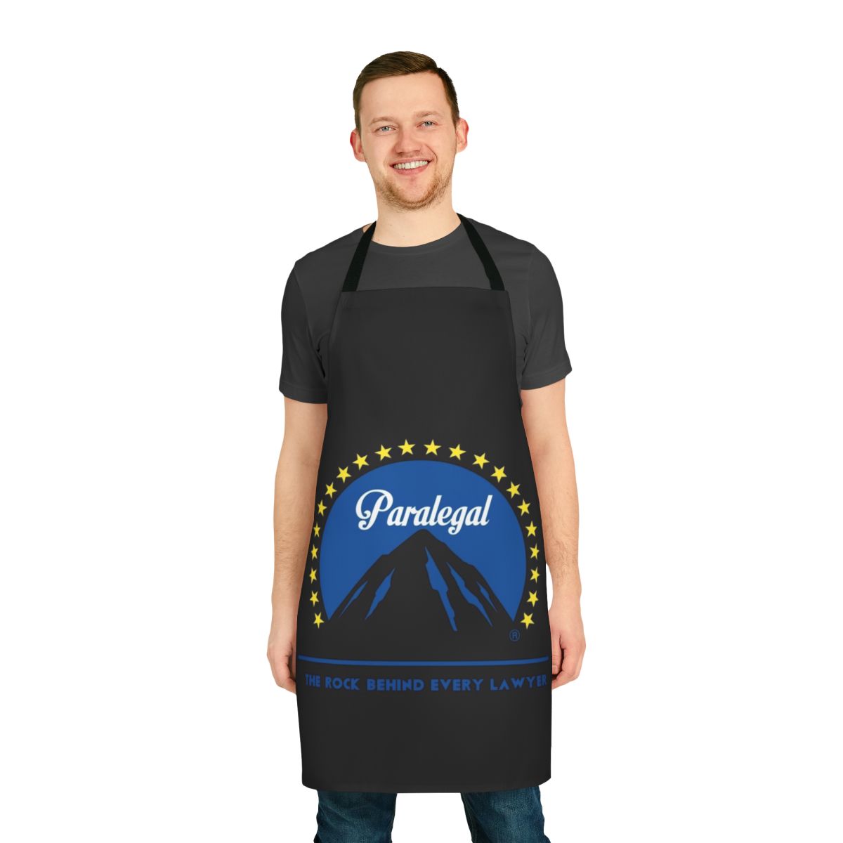 Paralegal wearing a professional-looking apron with legal-themed design