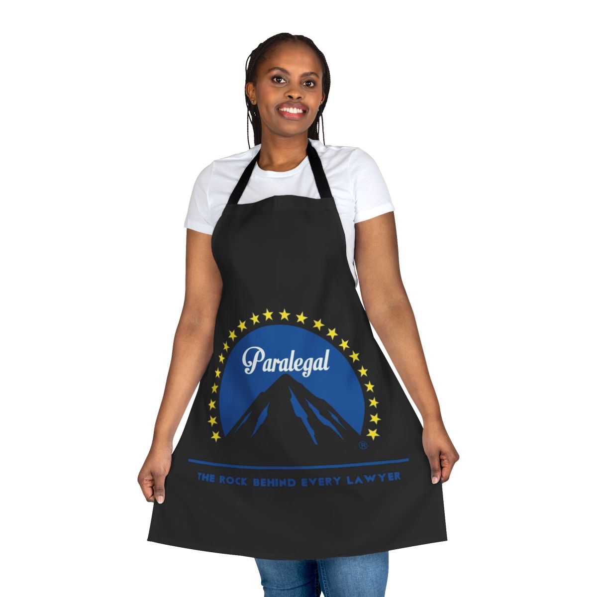 Paralegal wearing a professional-looking apron with legal-themed design
