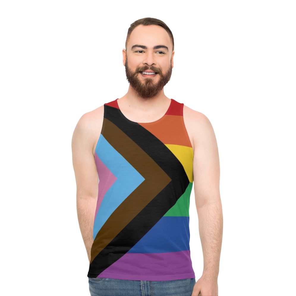 Unisex tank top with progress pride flag design