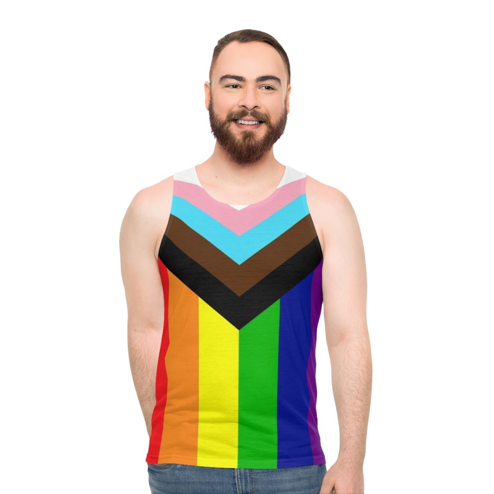 Unisex tank top with progressive rainbow pride flag