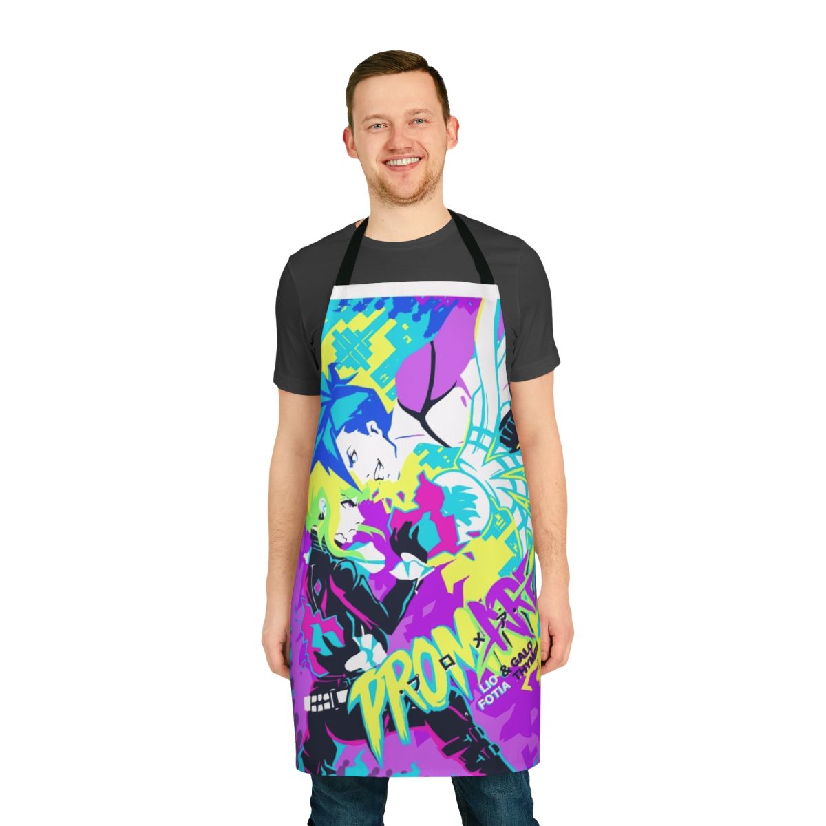 Promare-inspired apron featuring the characters Lio Fotia and Galo Thymos