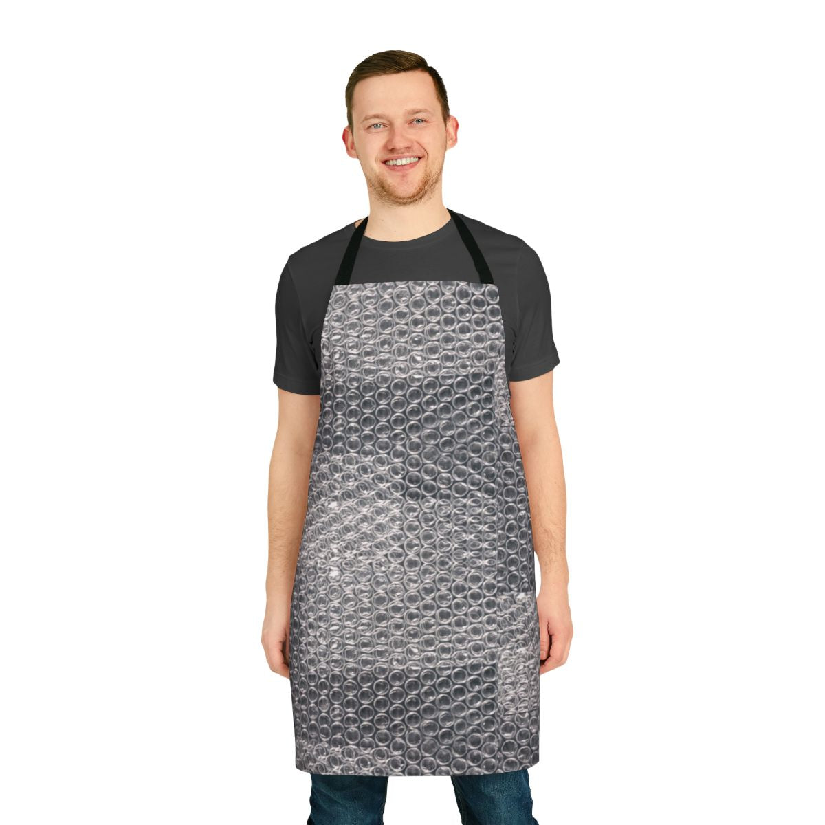 Person wearing a durable, clear bubble wrap apron for protection and style.