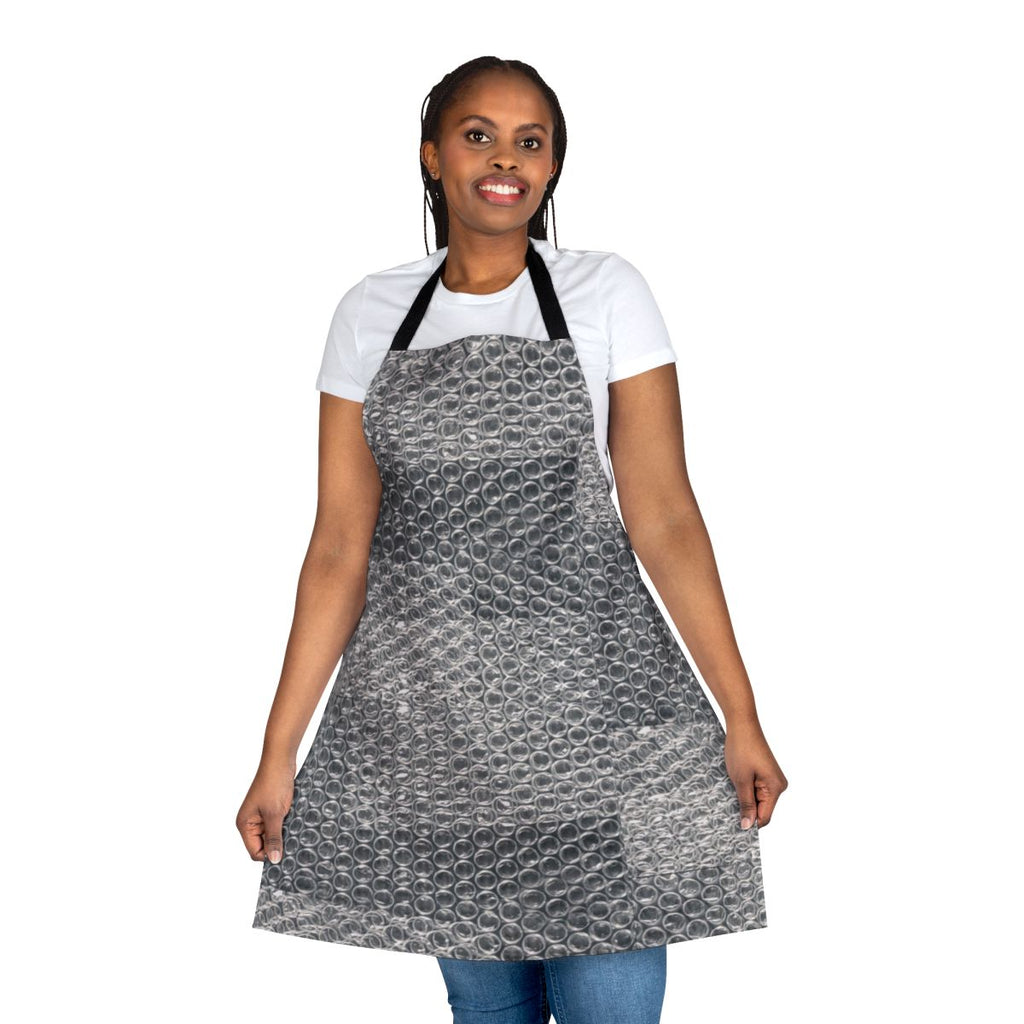 Person wearing a durable, clear bubble wrap apron for protection and style.