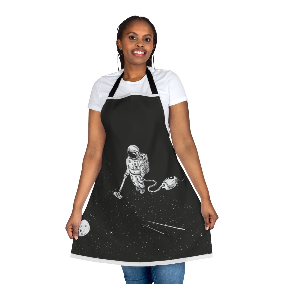 A high-quality apron with a space-themed design, perfect for cleaning and cooking tasks.