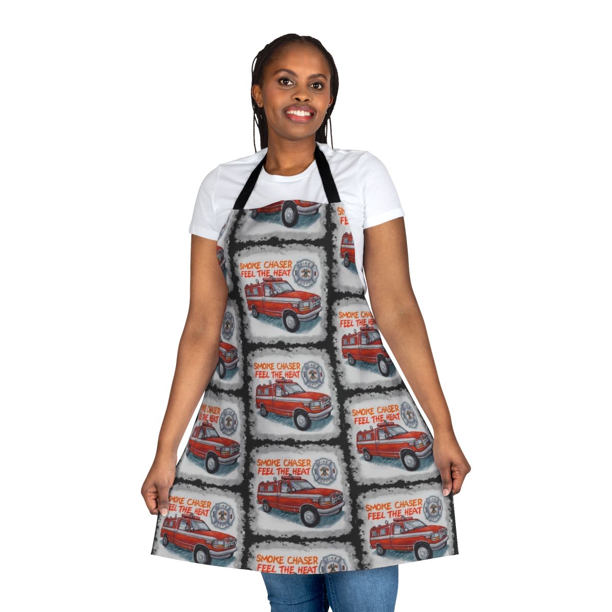 Firefighter wearing a red and black fire rescue apron