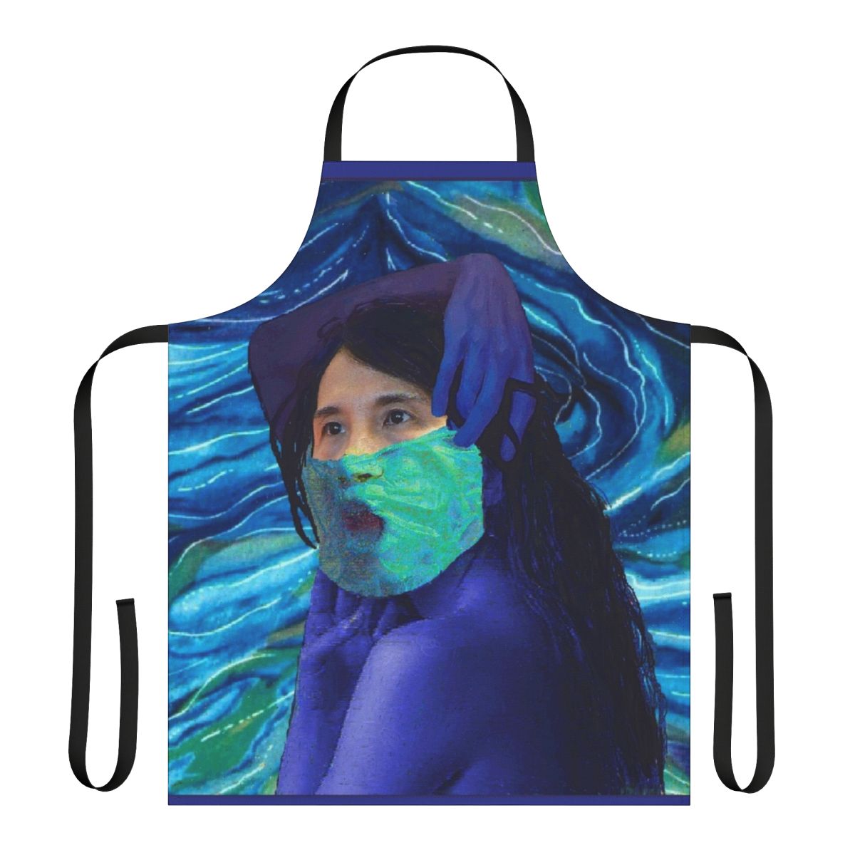 Model wearing a protective pandemic apron with the focus keyword "pandemic apron"