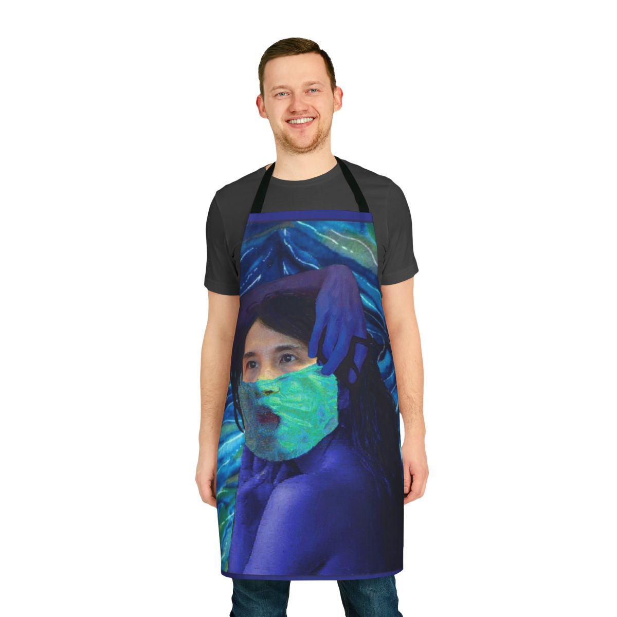 Model wearing a protective pandemic apron with the focus keyword "pandemic apron"