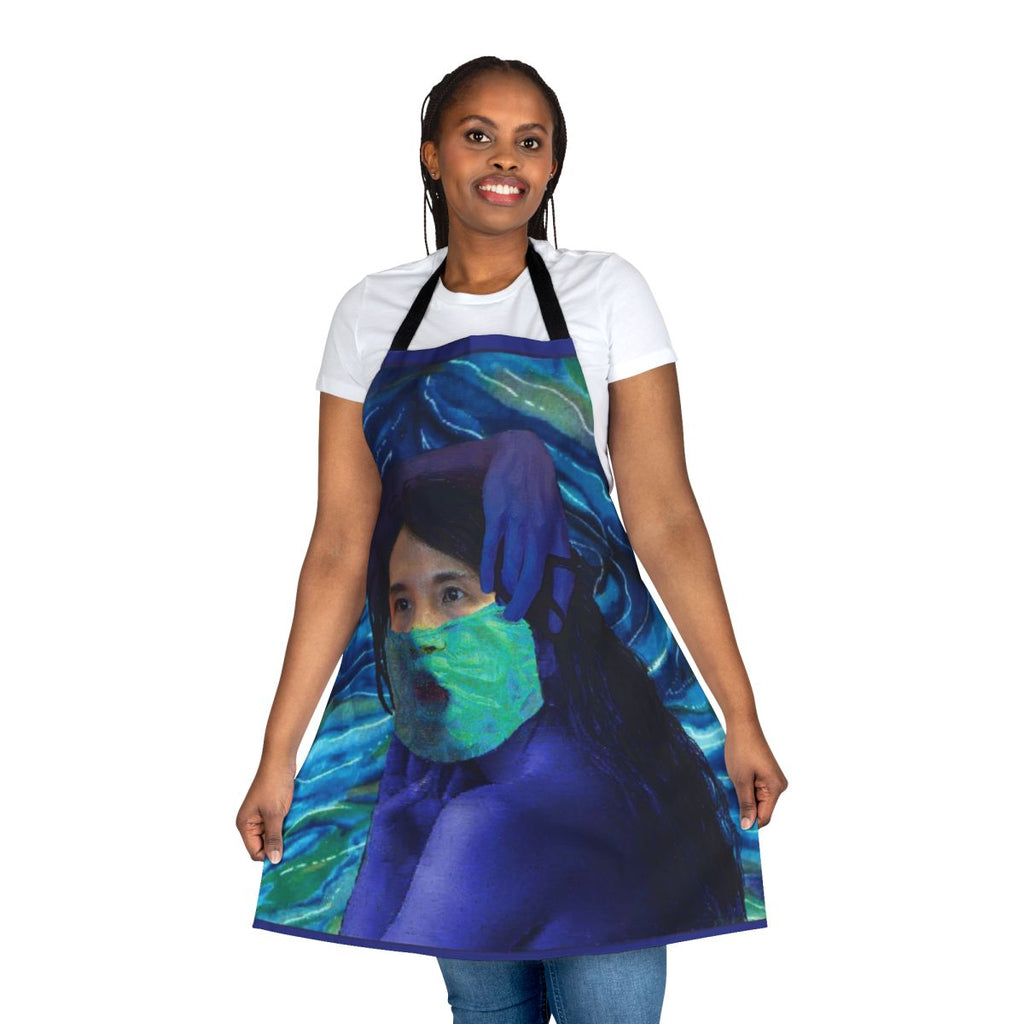 Model wearing a protective pandemic apron with the focus keyword "pandemic apron"