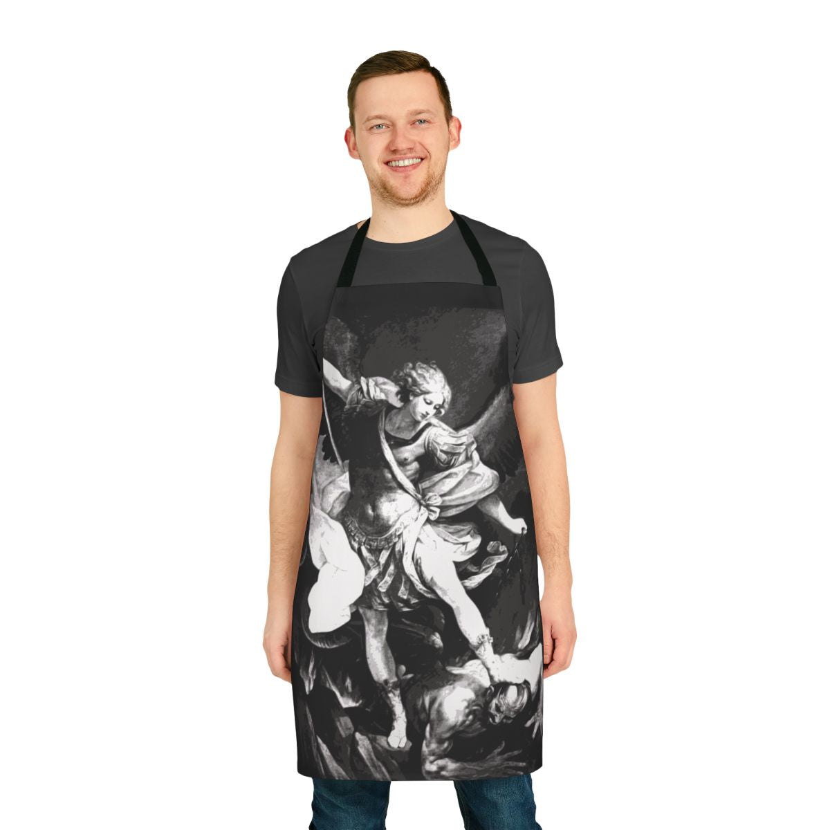 High-quality apron featuring the image of Saint Michael the Archangel, the Catholic patron saint of protection.