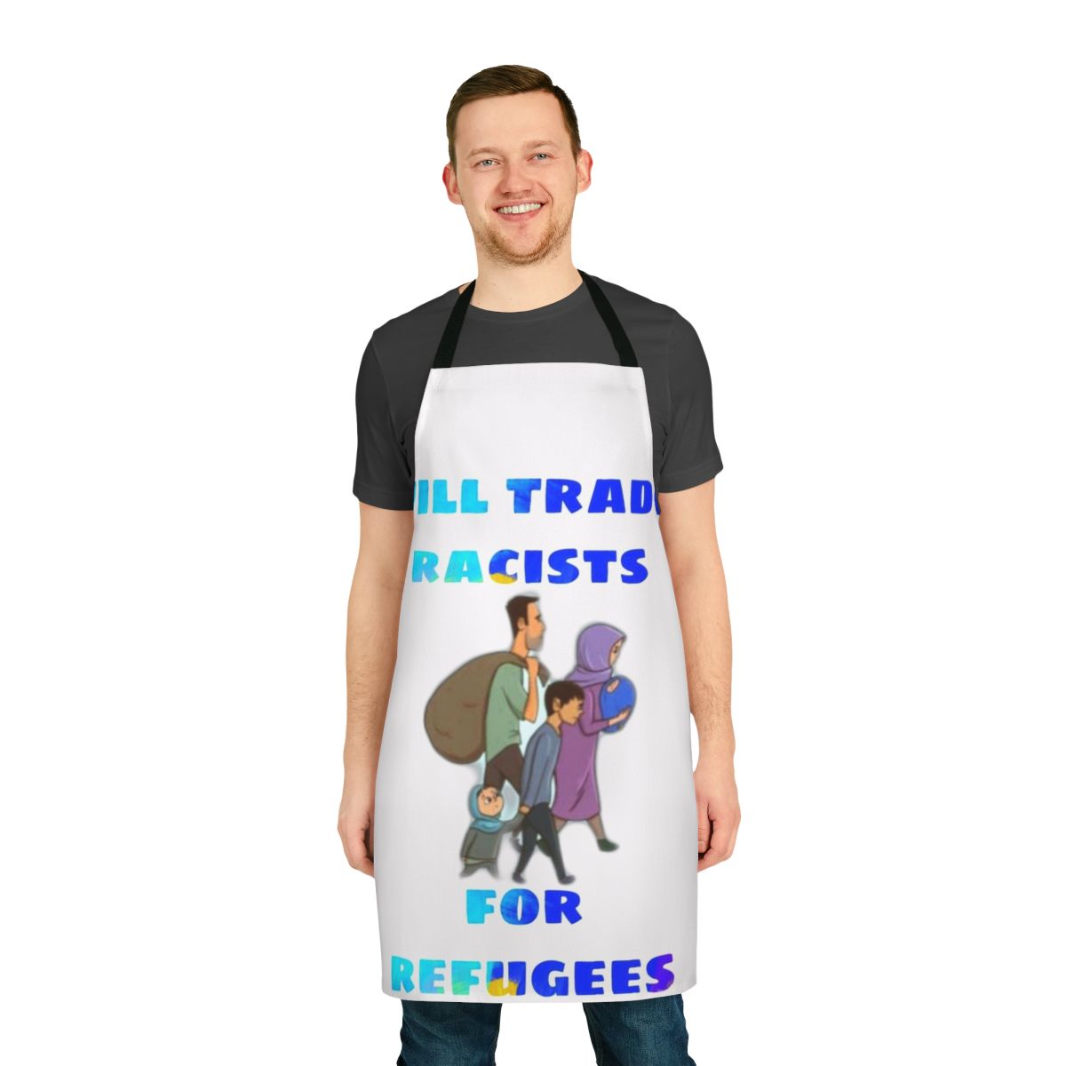 "Political protest apron with 'Protest Racism and Support Refugees' design"