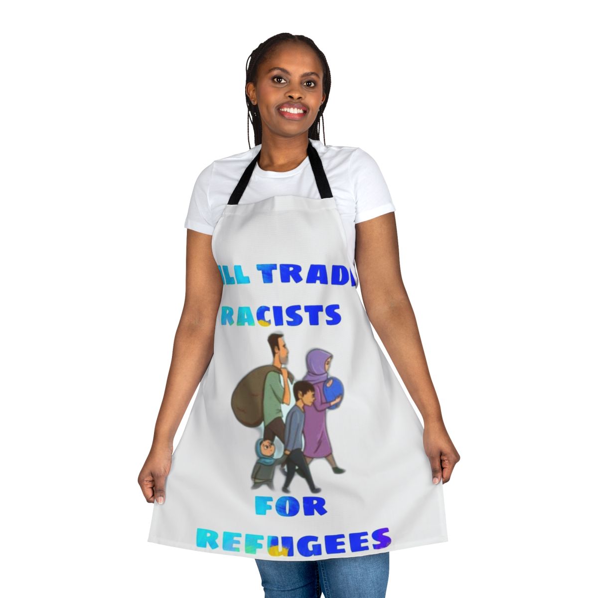 "Political protest apron with 'Protest Racism and Support Refugees' design"