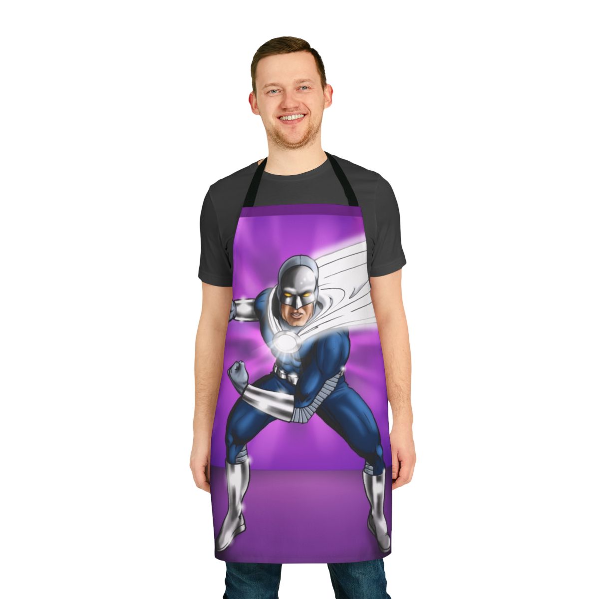 Proton Therapy Themed Apron Featuring a Superhero Design