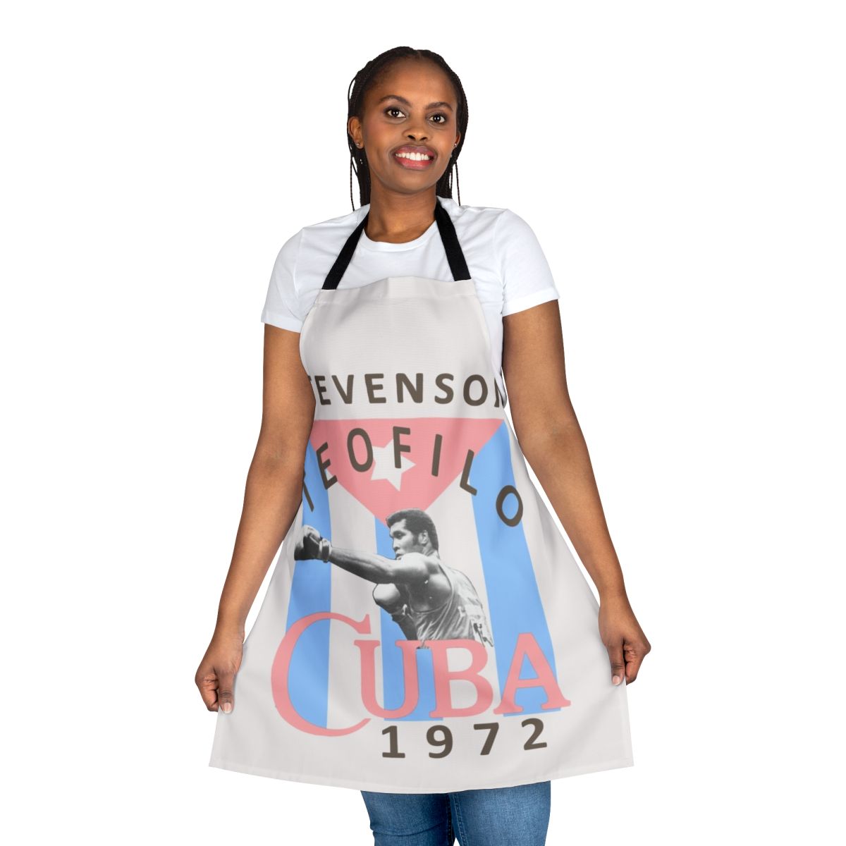 Proud Cuban boxer wearing the Cuban flag design apron