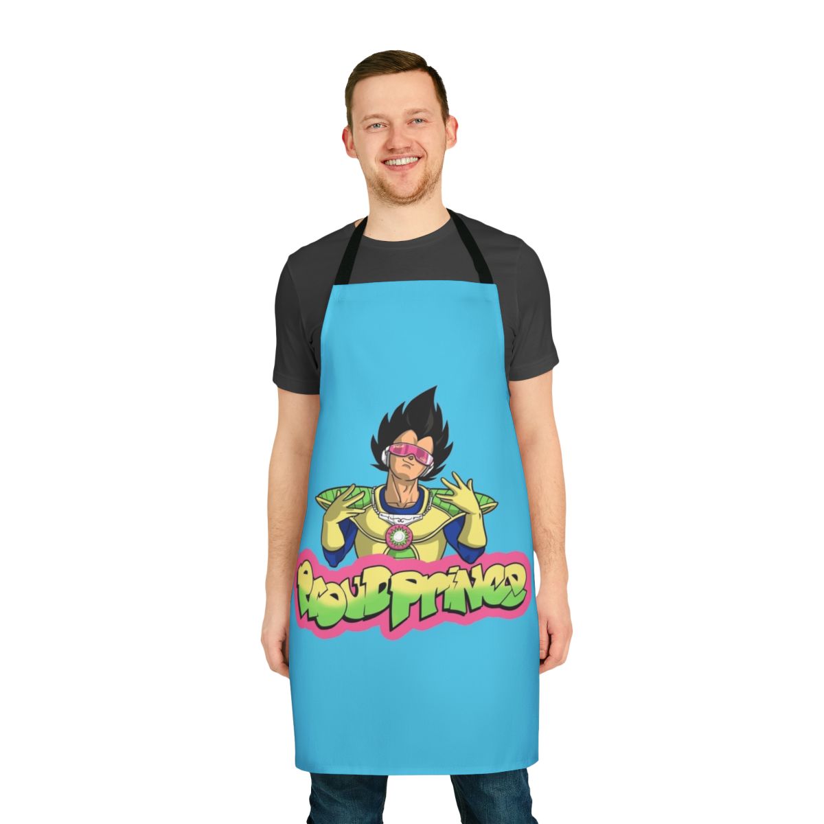 Proud Prince of Saiyans Apron - Stylish Anime Mashup Apparel with Vegeta, Goku, and Fresh Prince of Bel-Air Elements