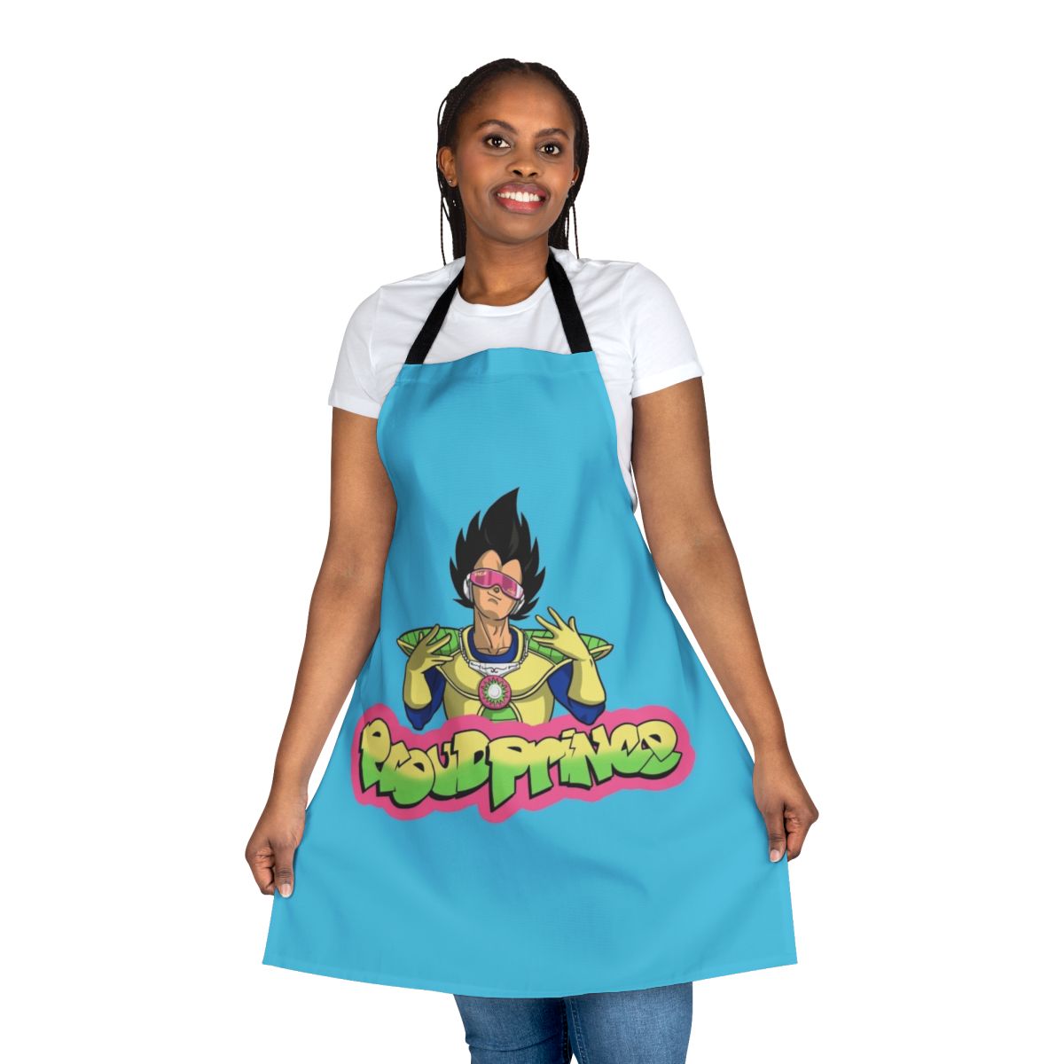 Proud Prince of Saiyans Apron - Stylish Anime Mashup Apparel with Vegeta, Goku, and Fresh Prince of Bel-Air Elements