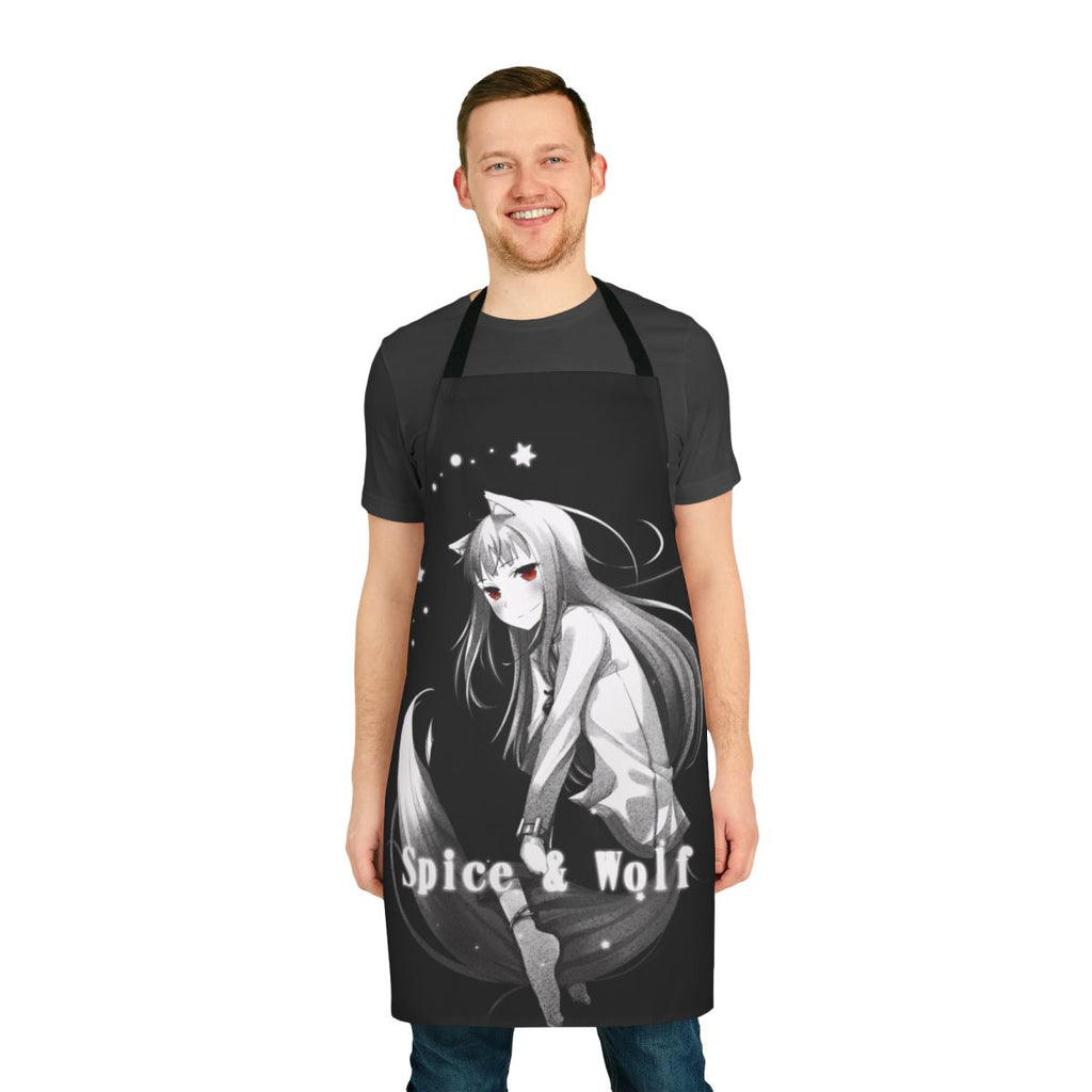 Detailed illustration of a proud wolf in a night-themed design on an apron