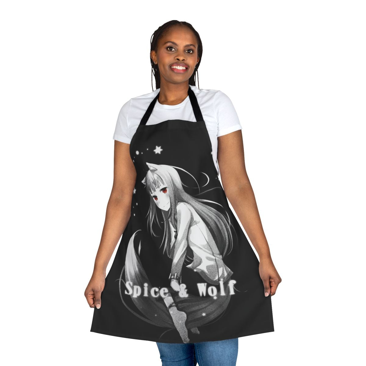 Detailed illustration of a proud wolf in a night-themed design on an apron