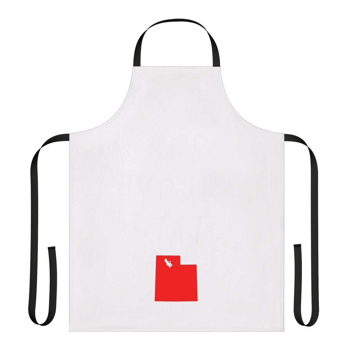 Person wearing a red and white apron with the outline of the state of Utah printed on it.