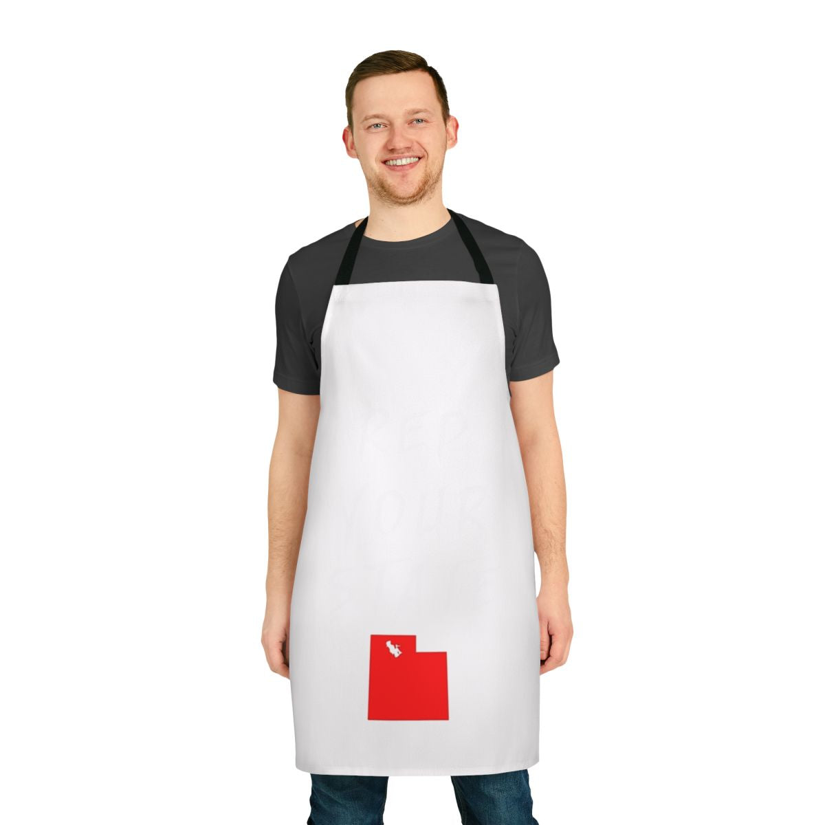 Person wearing a red and white apron with the outline of the state of Utah printed on it.
