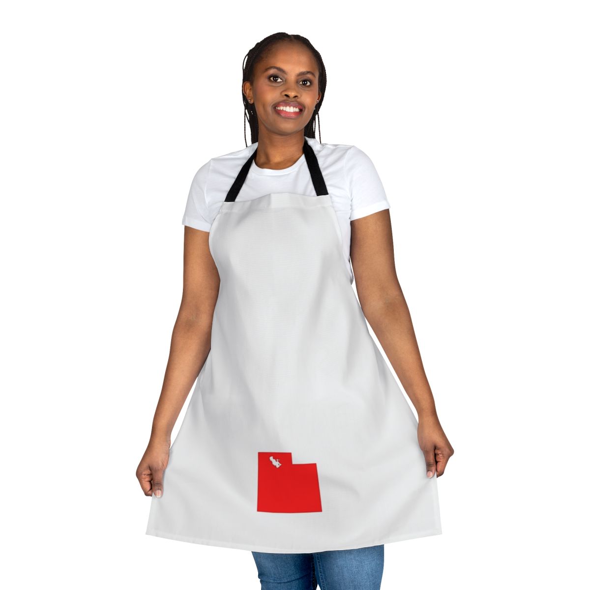 Person wearing a red and white apron with the outline of the state of Utah printed on it.