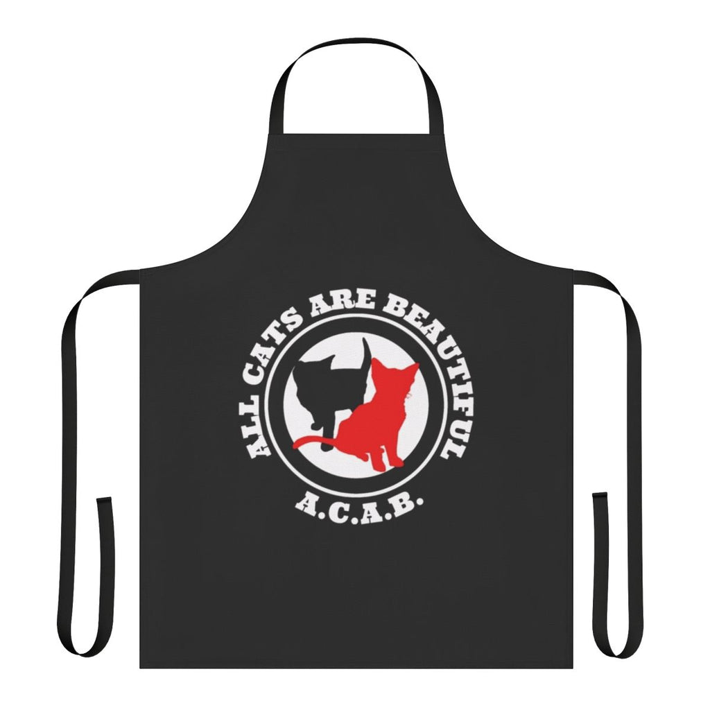 An apron featuring the phrase "All Cats Are Beautiful" in a stylized design, appealing to cat lovers and activists.