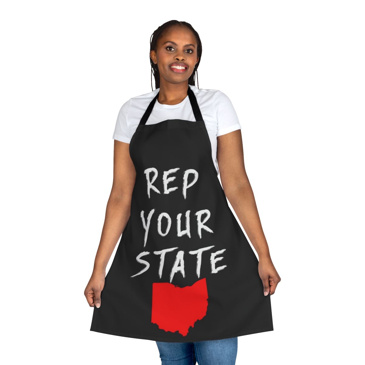 A high-quality apron featuring the state of Ohio design, perfect for cooking and baking with Ohio pride.