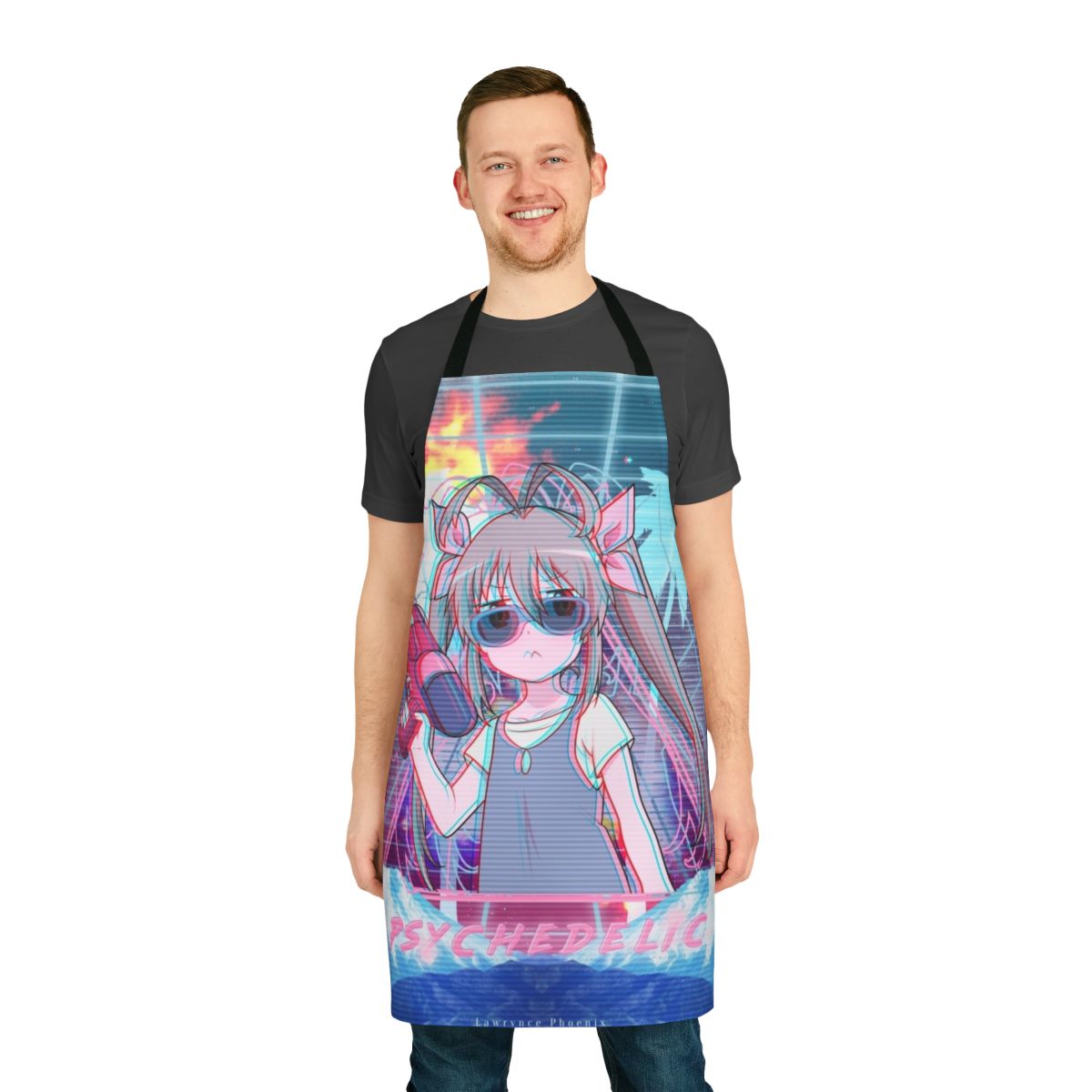 Colorful psychedelic apron with trippy, retro-inspired patterns and designs.