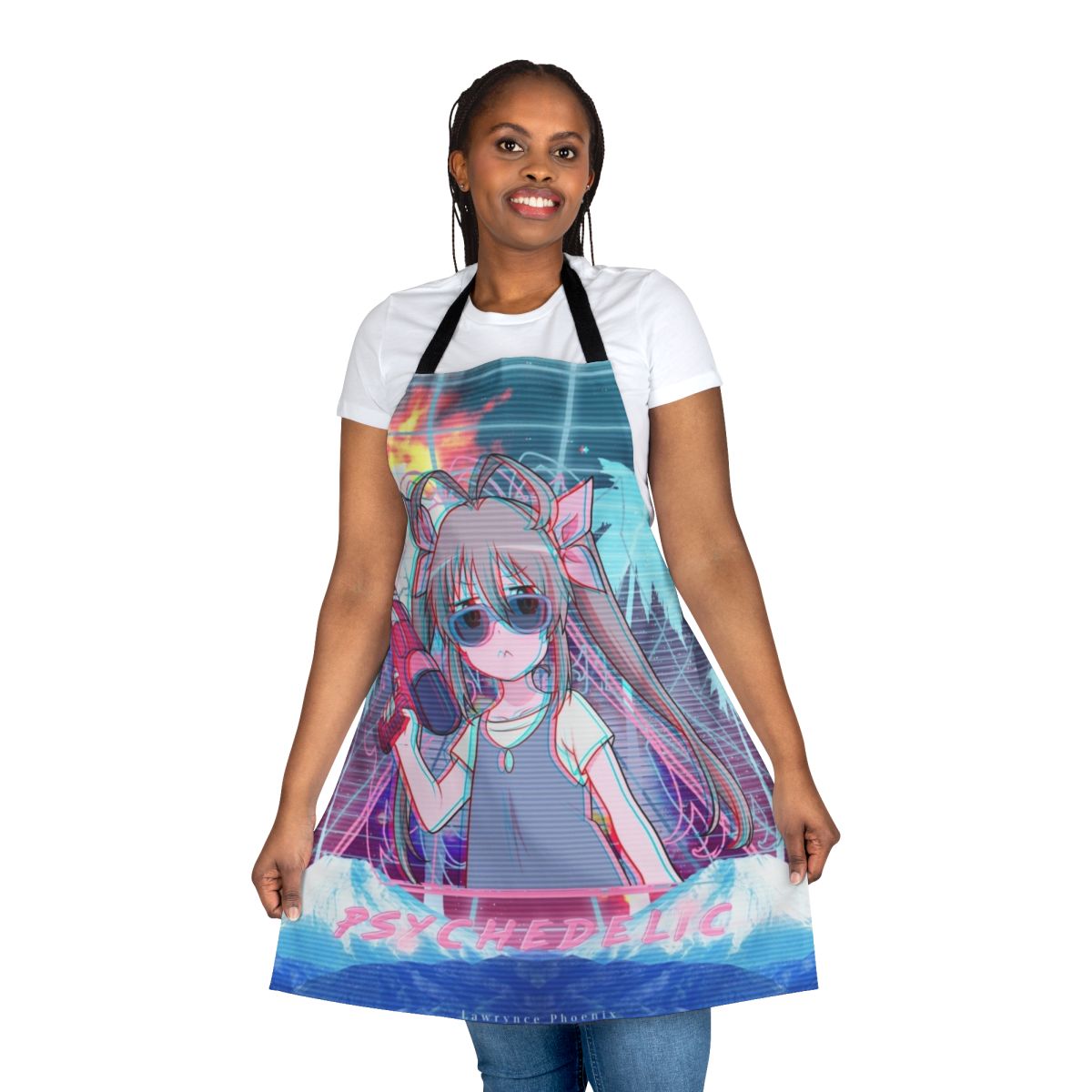 Colorful psychedelic apron with trippy, retro-inspired patterns and designs.