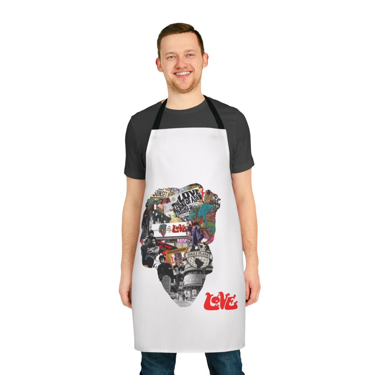 Psychedelic apron featuring a collage-style design inspired by the album art of Arthur Lee and the band Love.