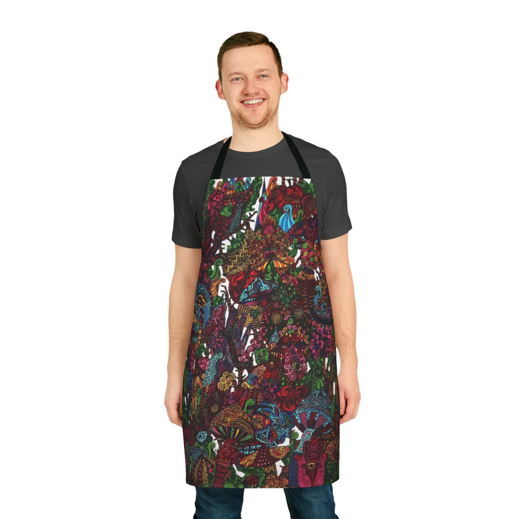 Psychedelic cartoon-inspired apron with vibrant, trippy patterns