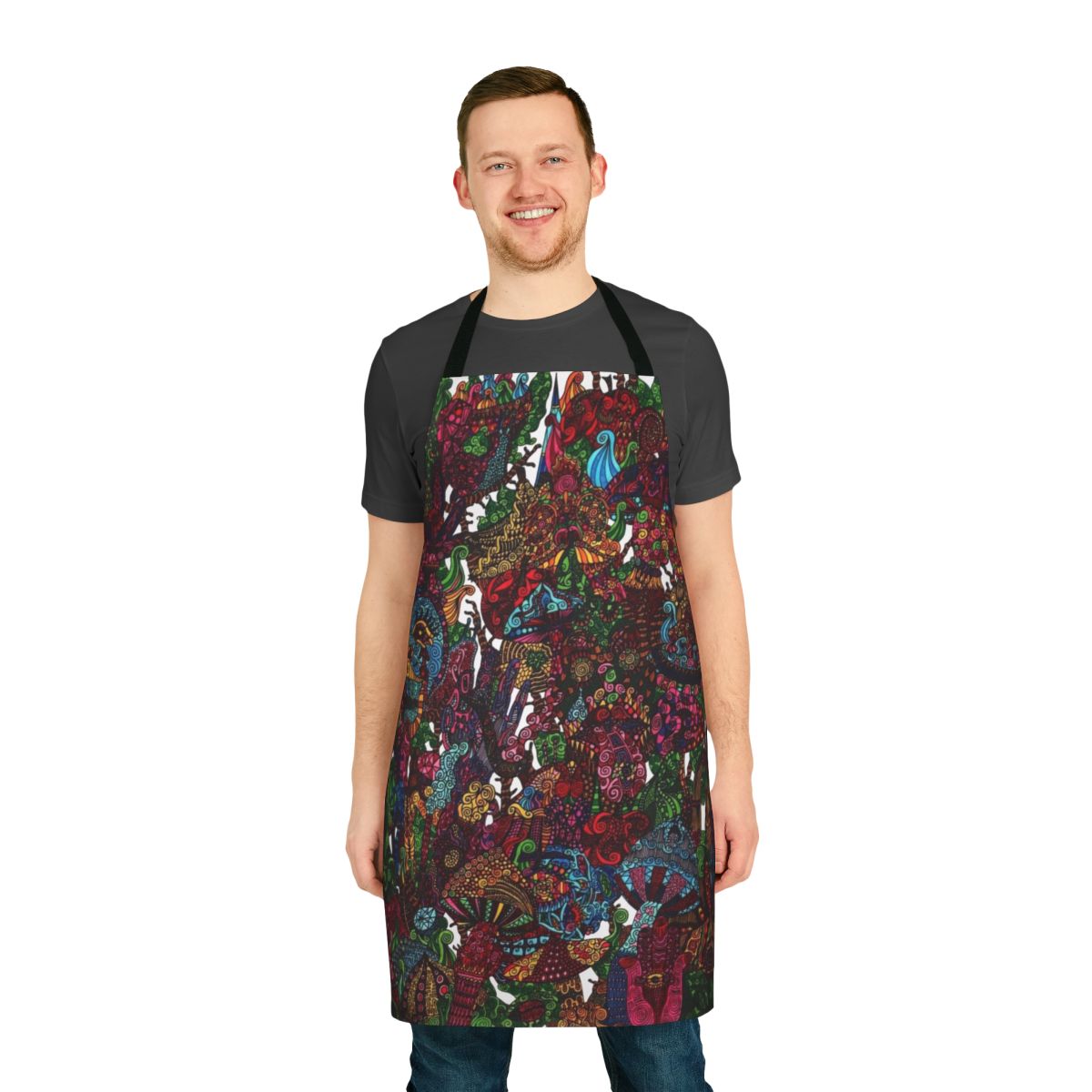 Psychedelic cartoon-inspired apron with vibrant, trippy patterns