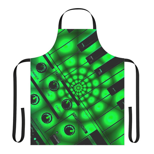 Psychedelic-patterned apron featuring synth and music equipment icons, ideal for electronic music producers and musicians.