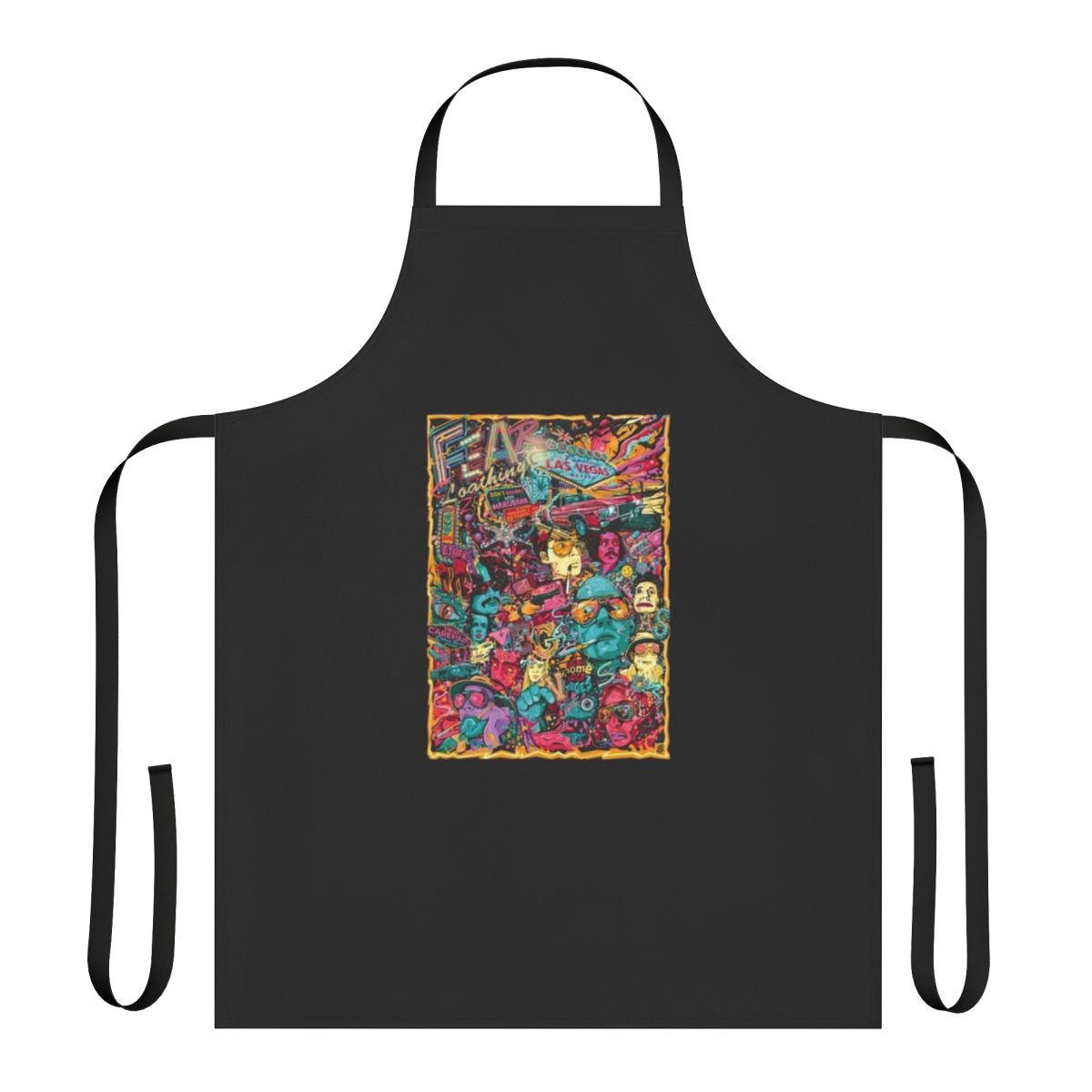 Psychedelic Fear and Loathing in Las Vegas inspired apron with trippy, iconic imagery