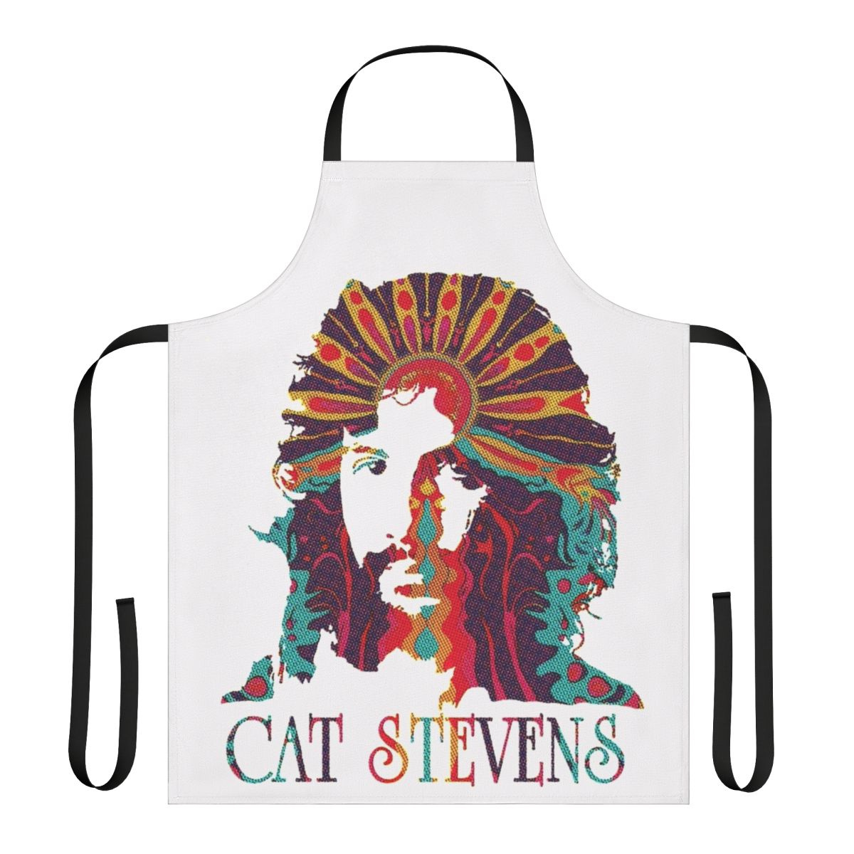 Colorful psychedelic graphic apron featuring the artwork of singer-songwriter Cat Stevens