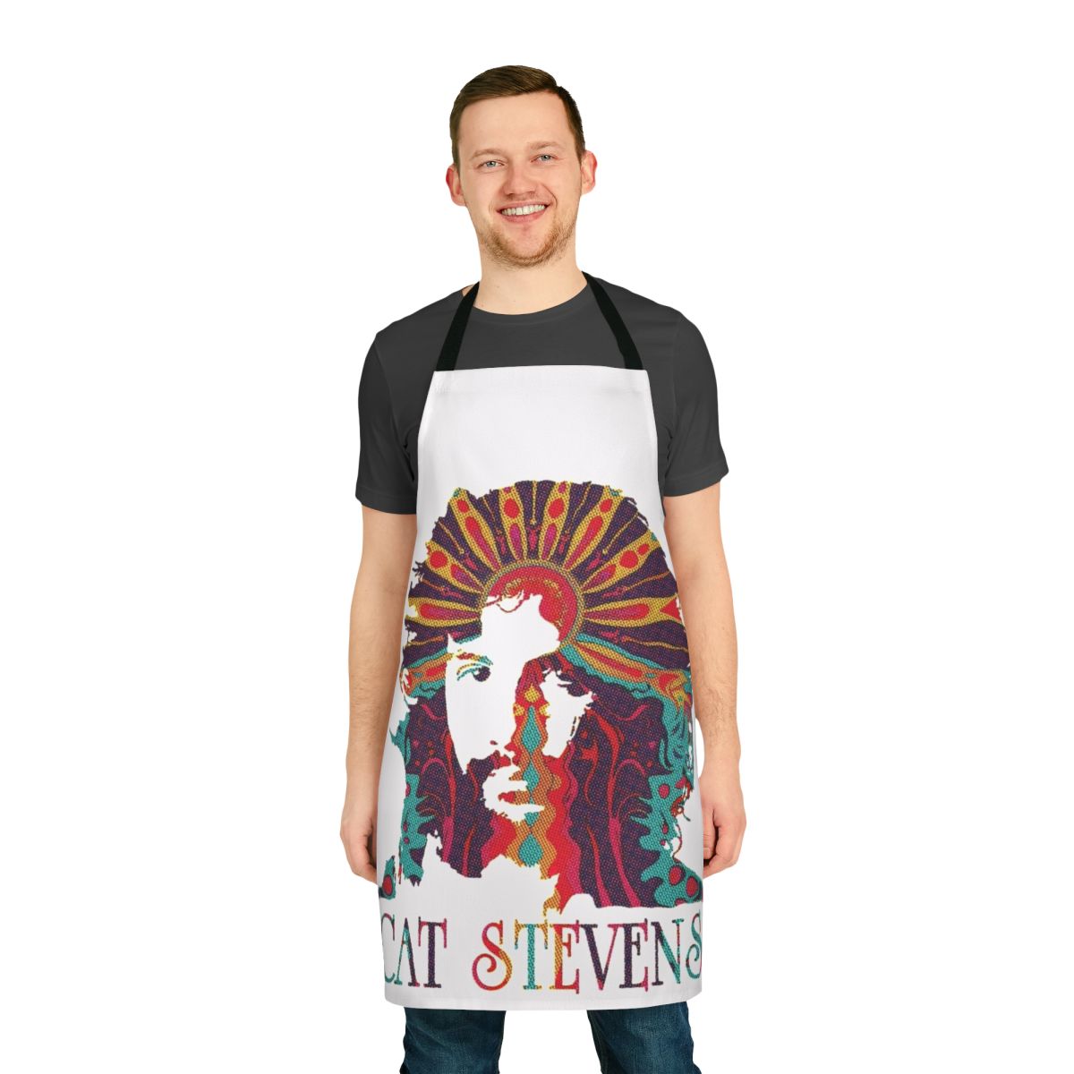 Colorful psychedelic graphic apron featuring the artwork of singer-songwriter Cat Stevens