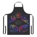Psychedelic "I'd Like to Make Myself Believe" themed apron featuring ocean eyes, owls, and other celestial elements