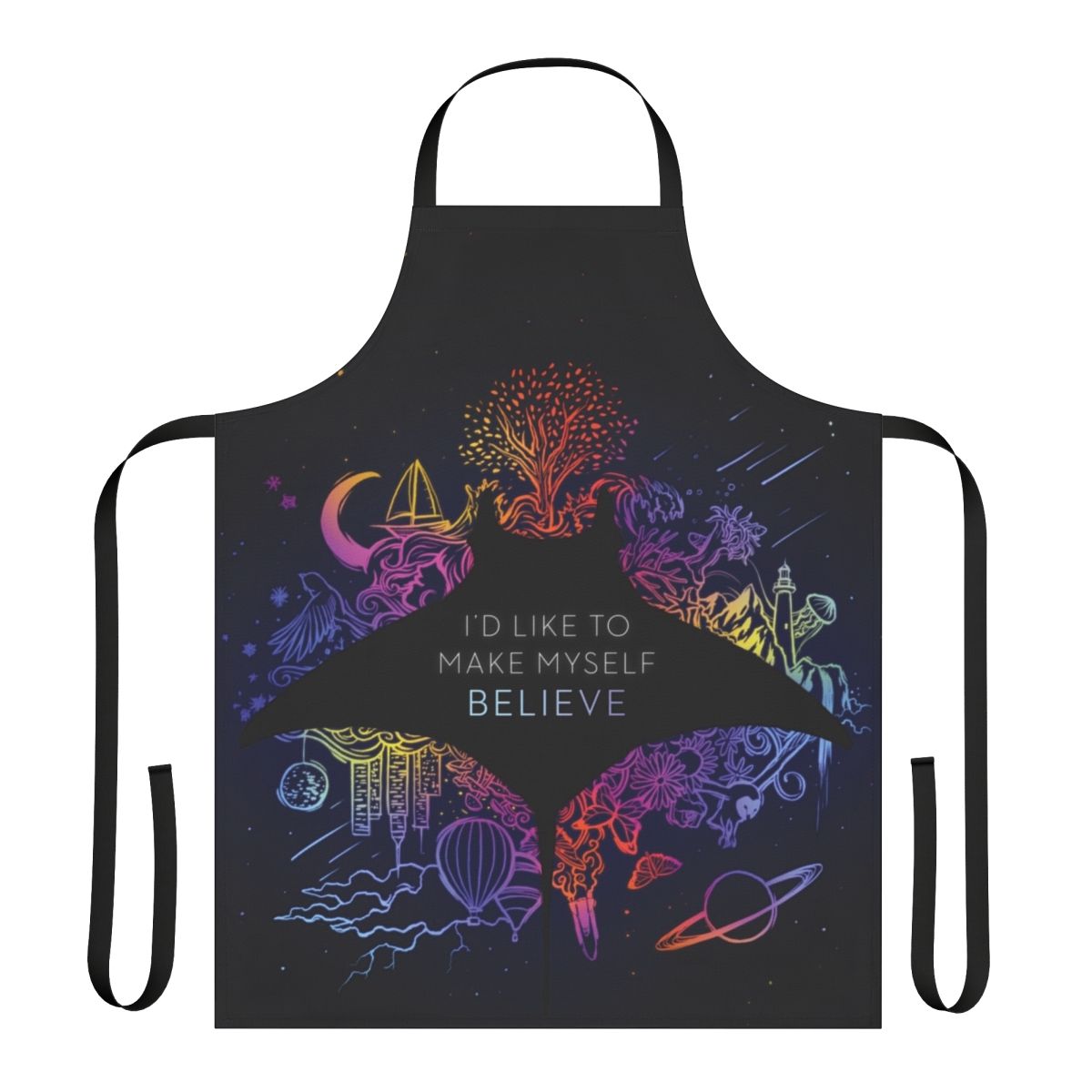 Psychedelic "I'd Like to Make Myself Believe" themed apron featuring ocean eyes, owls, and other celestial elements