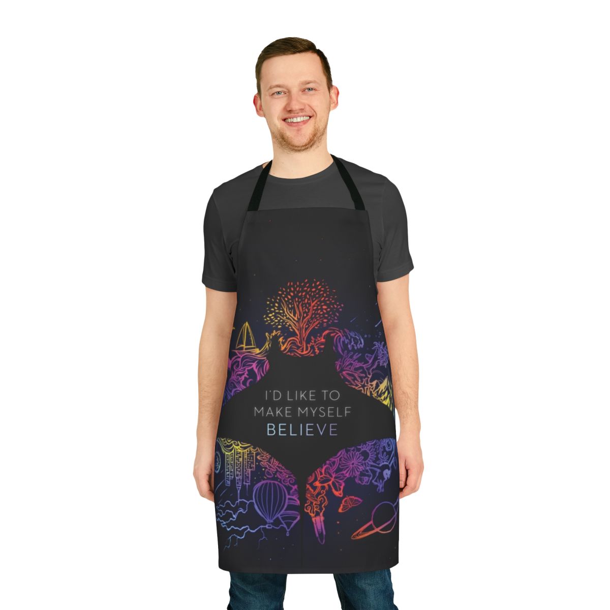 Psychedelic "I'd Like to Make Myself Believe" themed apron featuring ocean eyes, owls, and other celestial elements