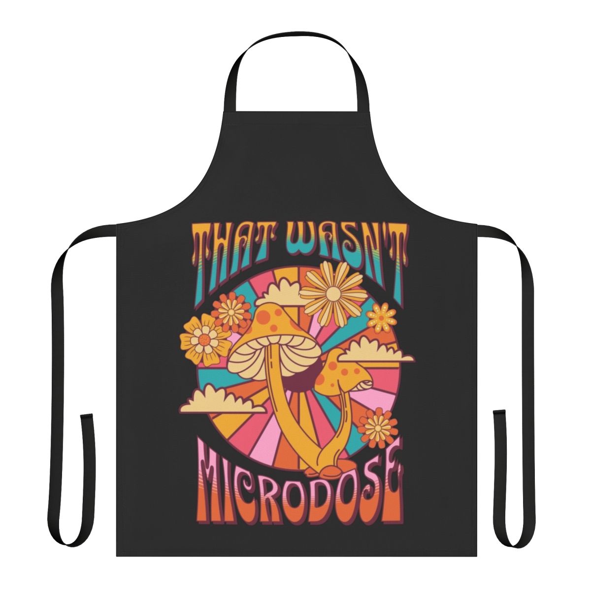 Vibrant and trippy mushroom-themed apron perfect for festivals and music events