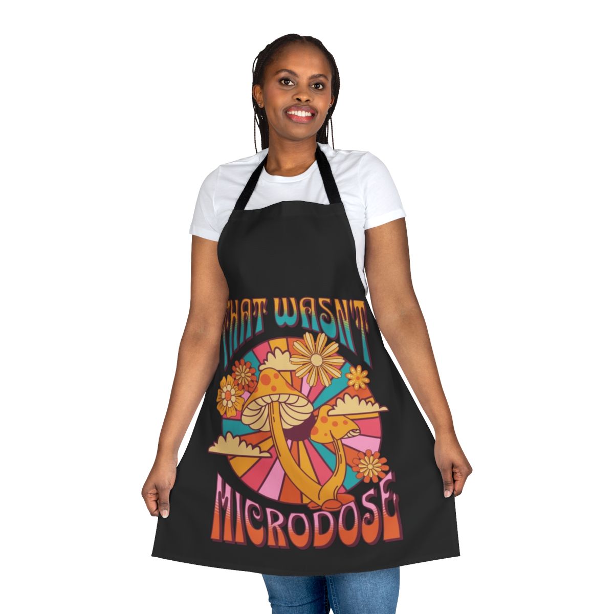 Vibrant and trippy mushroom-themed apron perfect for festivals and music events