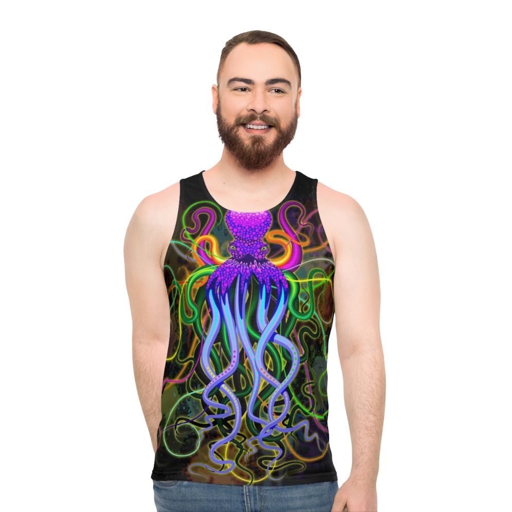 Colorful psychedelic octopus with luminescent tentacles