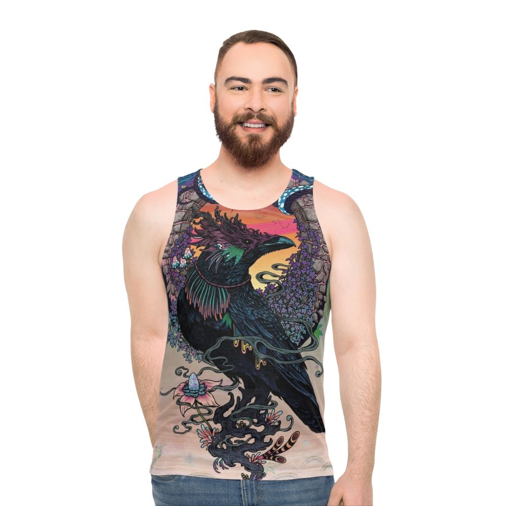 Psychedelic oracle unisex tank top with occult bird design