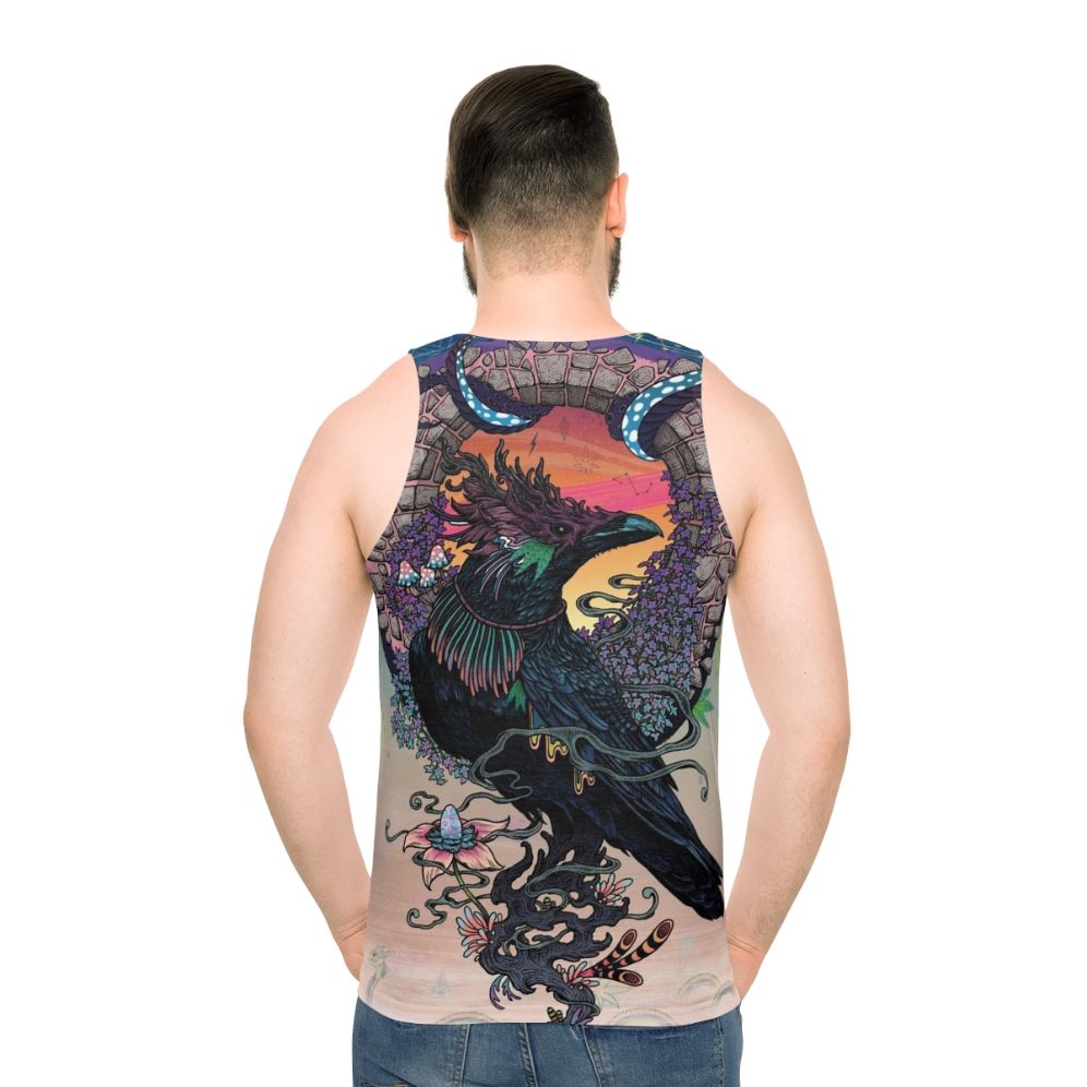 Psychedelic oracle unisex tank top with occult bird design