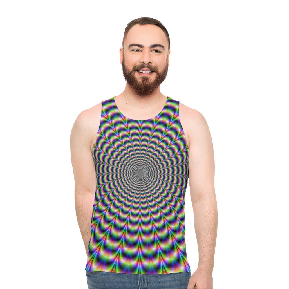 Psychedelic pulse unisex tank top with vibrant optical illusion design