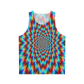 Psychedelic rainbow optical illusion design on a unisex tank top