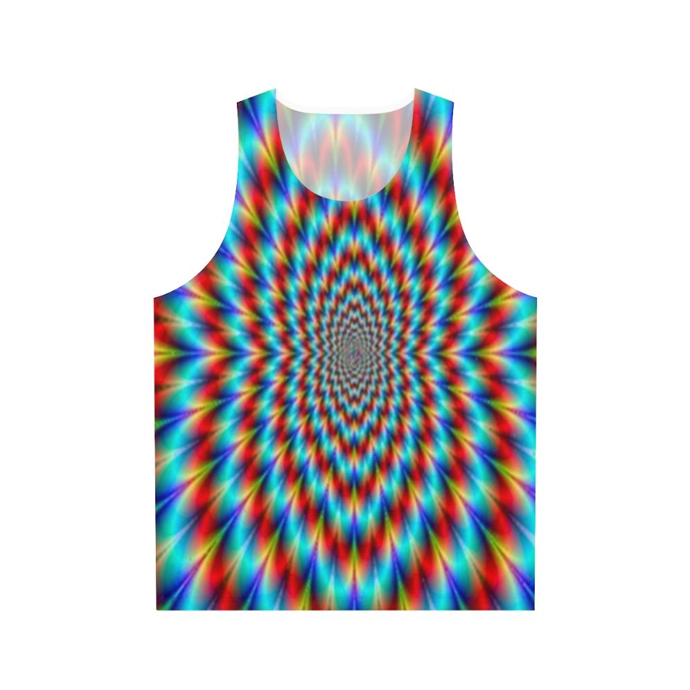 Psychedelic rainbow optical illusion design on a unisex tank top