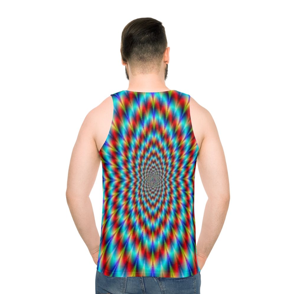 Psychedelic rainbow optical illusion design on a unisex tank top