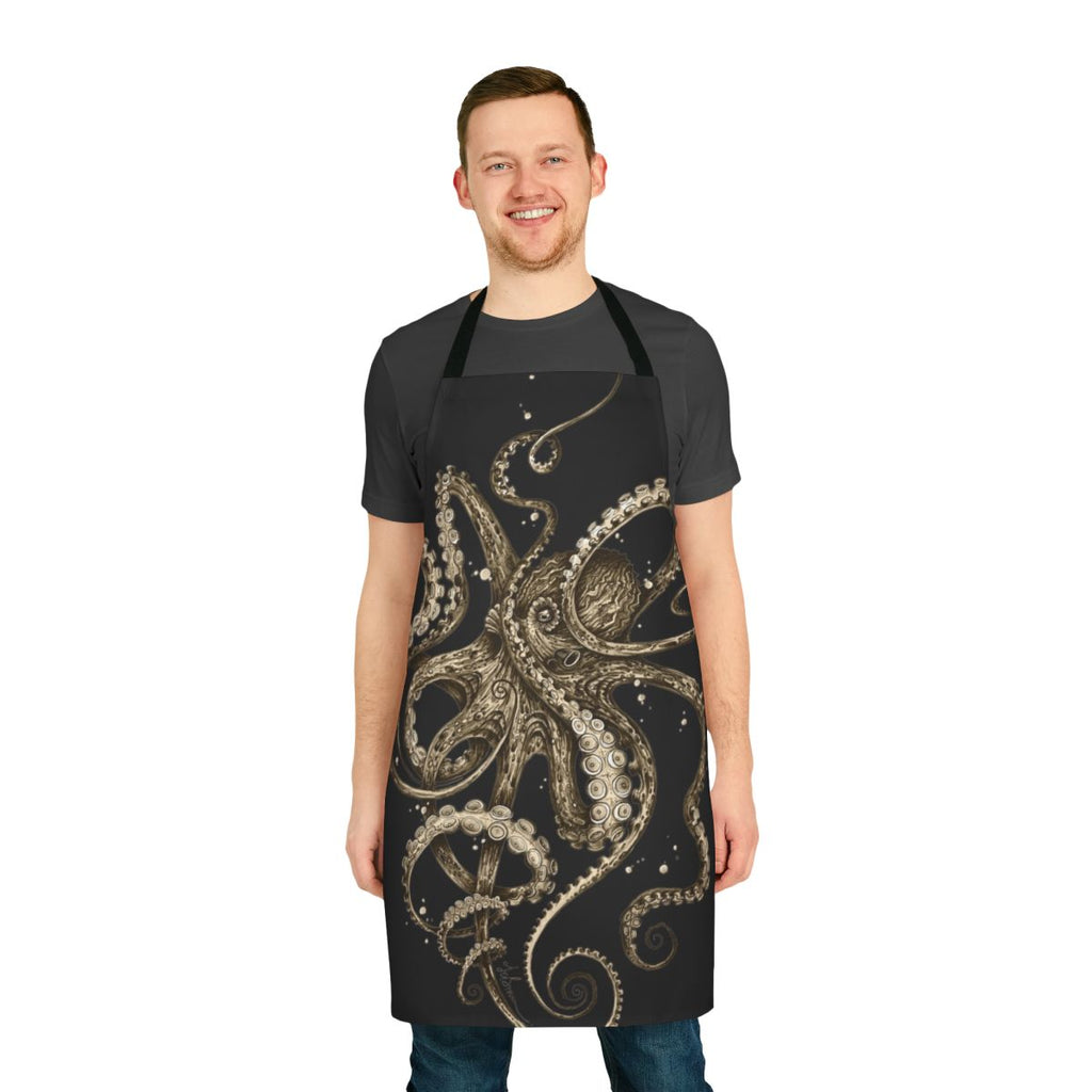 Vibrant sepia-toned apron featuring a psychedelic octopus with swirling tentacles